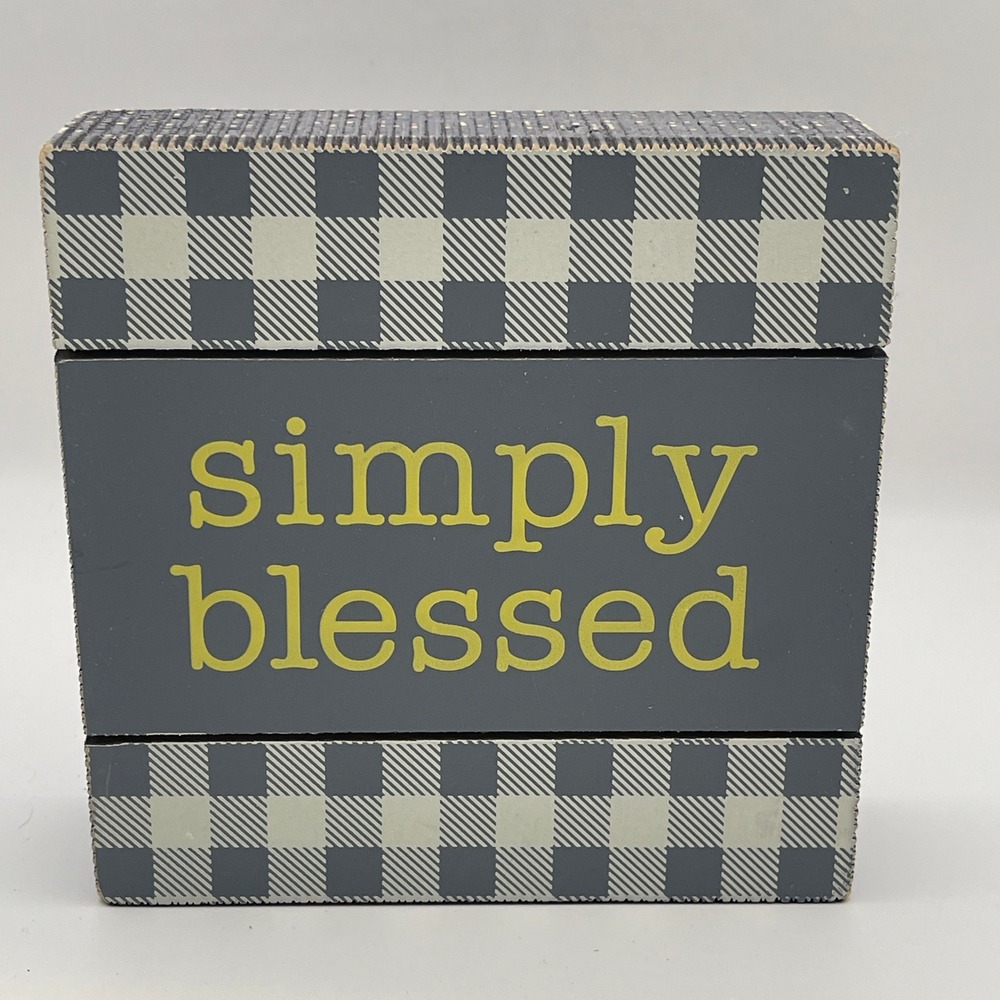 Primitives by Kathy Simply Blessed Slat Box Sign Gray Buffalo Check‎ Wood 6x6